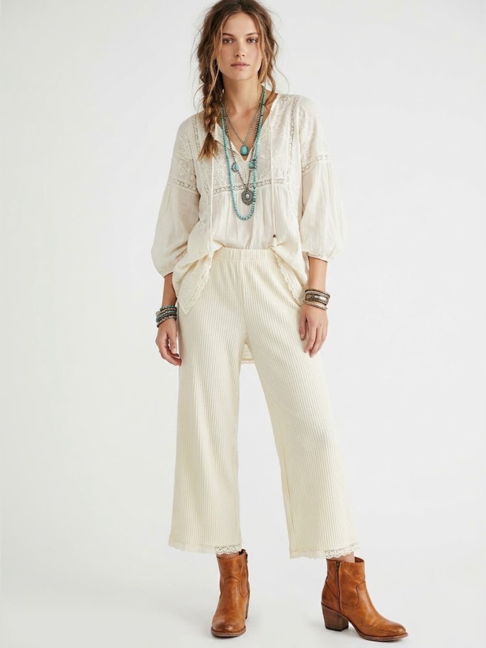 Laura Ashley Ivory Ribbed Lace Hem Wide Leg Pants Women’s Size Large NWOT
